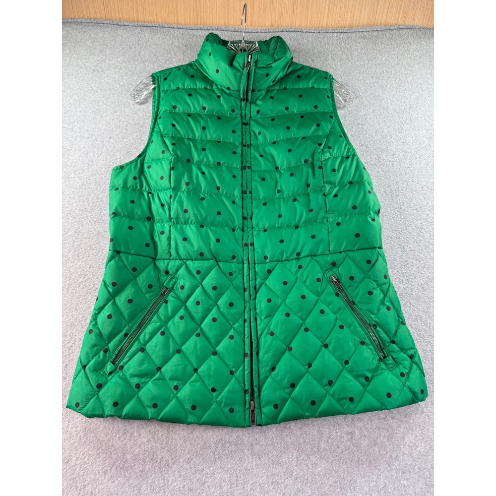 Talbots Womens Green Polka Dot Down Puffer Vest Small VN4926 Quilted Zip Up